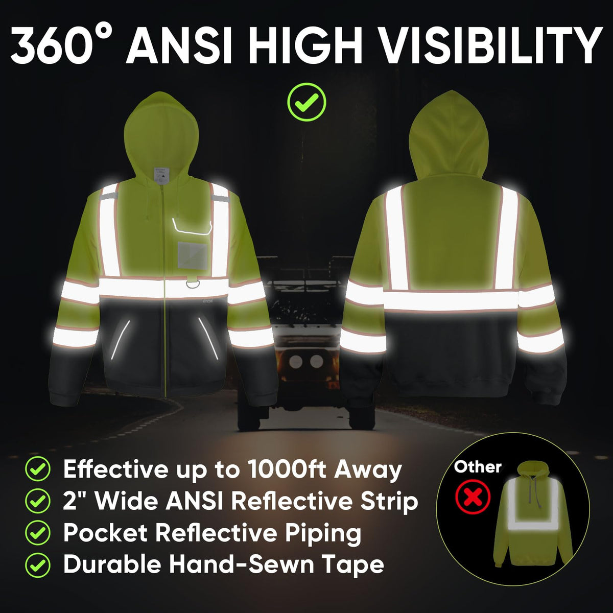 TICONN hi-vis safety hoodie back view highlighting reflective coverage.