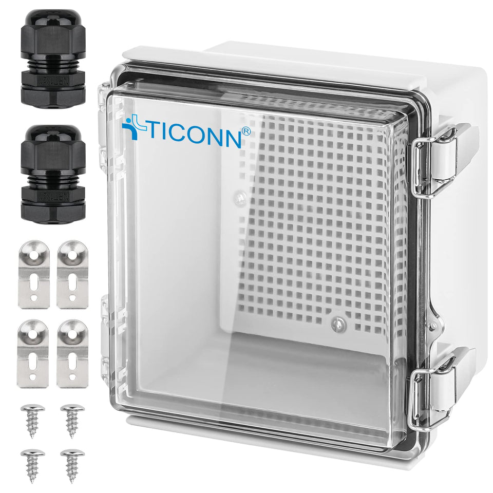 TICONN IP67 junction box front view showing clear enclosure for outdoor wiring