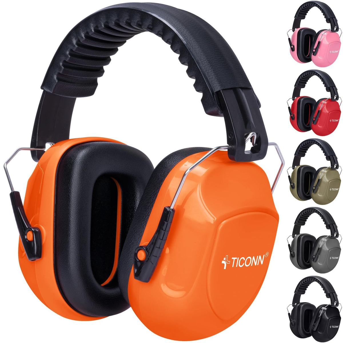 TICONN noise-cancelling ear muffs in bright orange offer solid hearing protection.