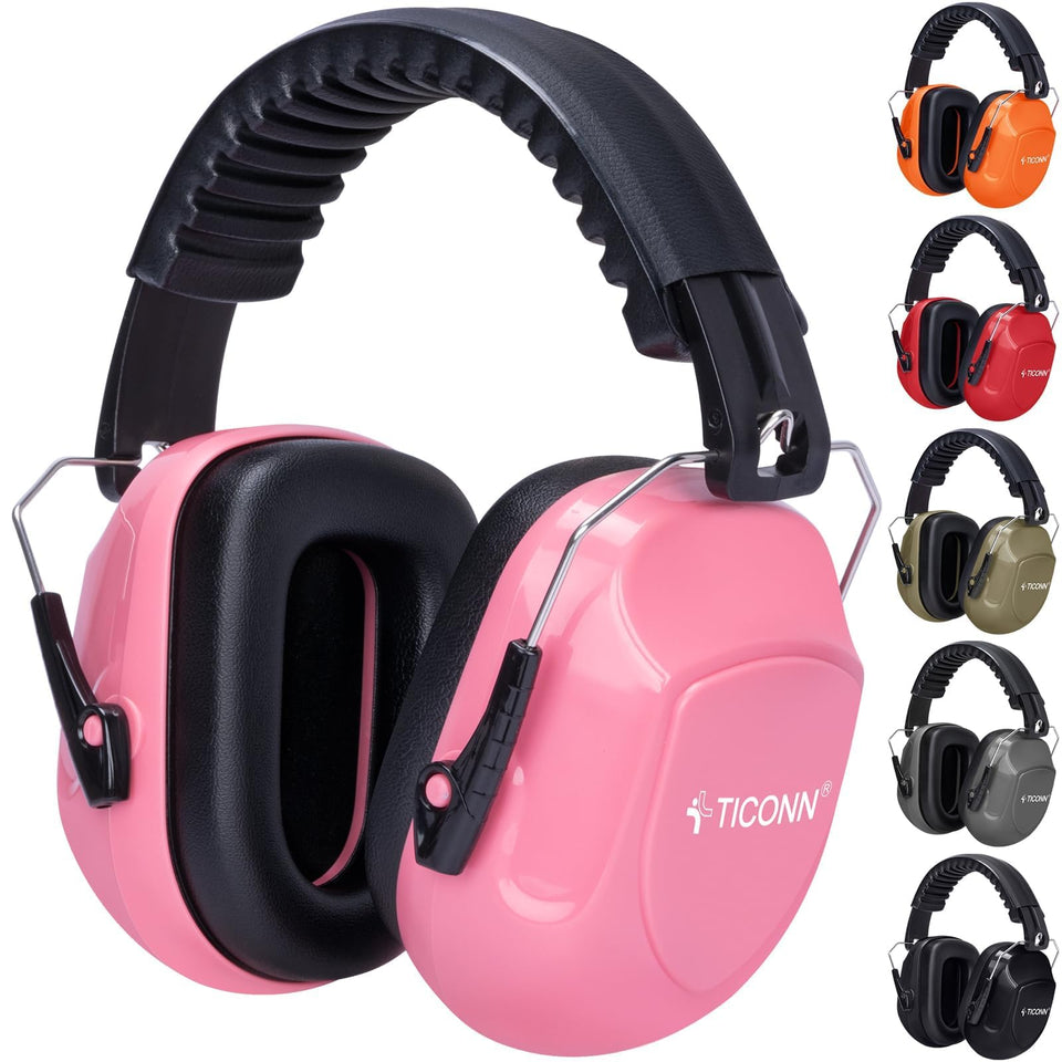 TICONN noise cancelling earmuffs in soft pink folded for travel and storage.