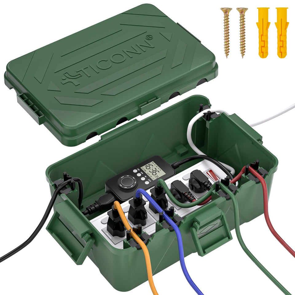 TICONN outdoor electrical box front view with IP54 protection for safe outlets.