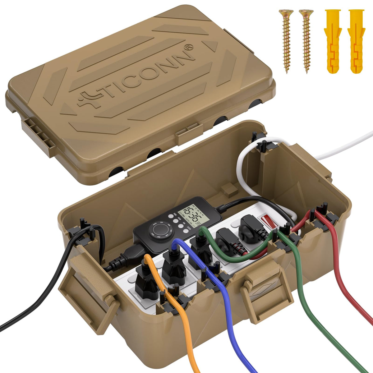 TICONN IP54 splash-proof outdoor box protects power connections in rain