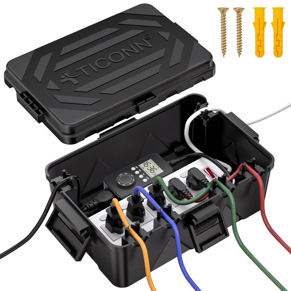 TICONN outdoor box large black front view showcasing rugged splash-proof housing
