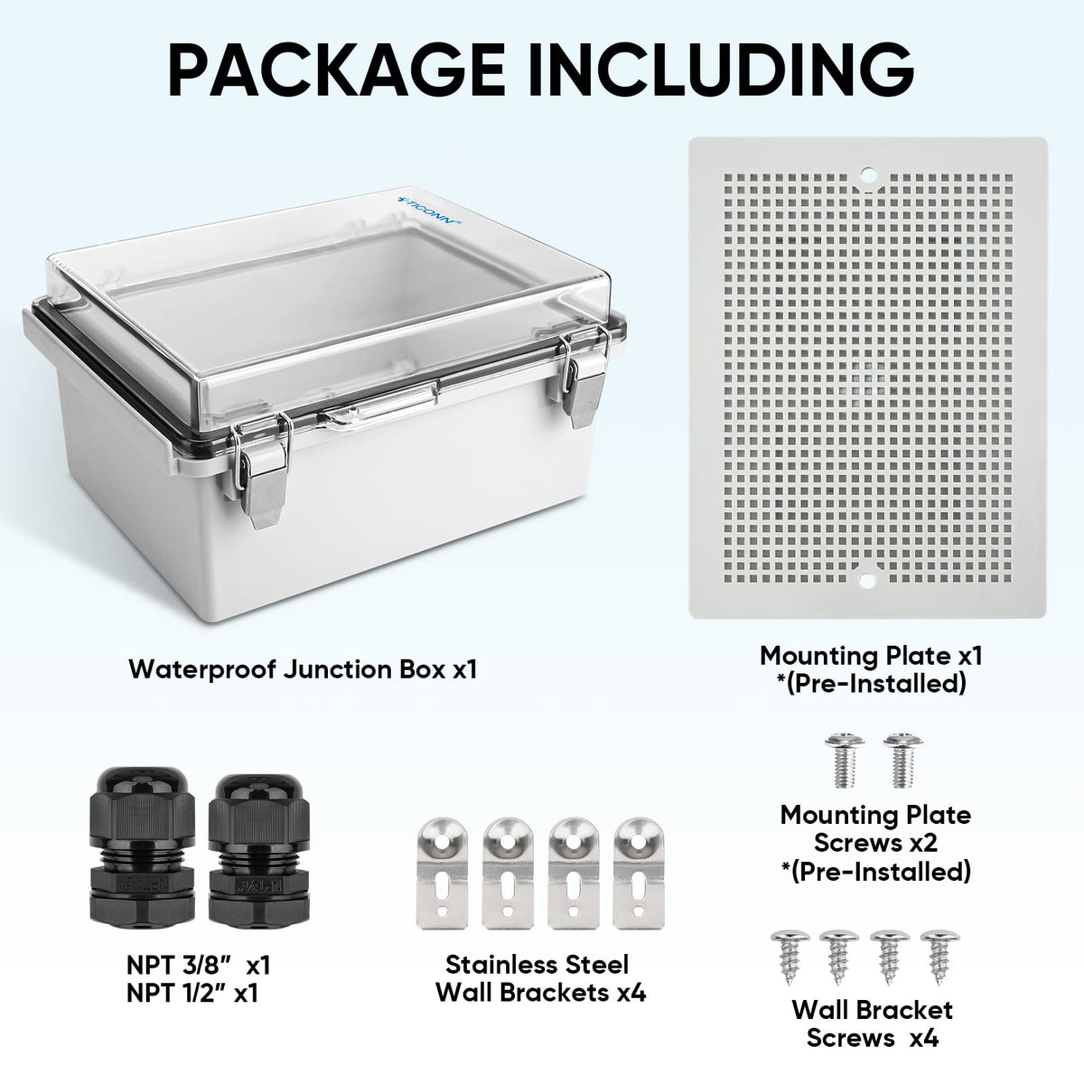 TICONN wall brackets installed for versatile outdoor mounting options.