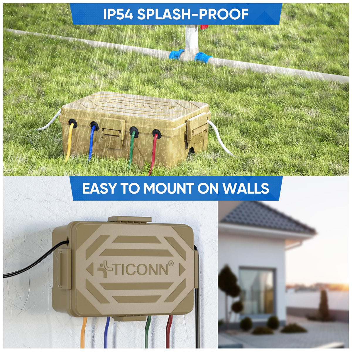 TICONN outdoor box features wall or ground mounting holes
