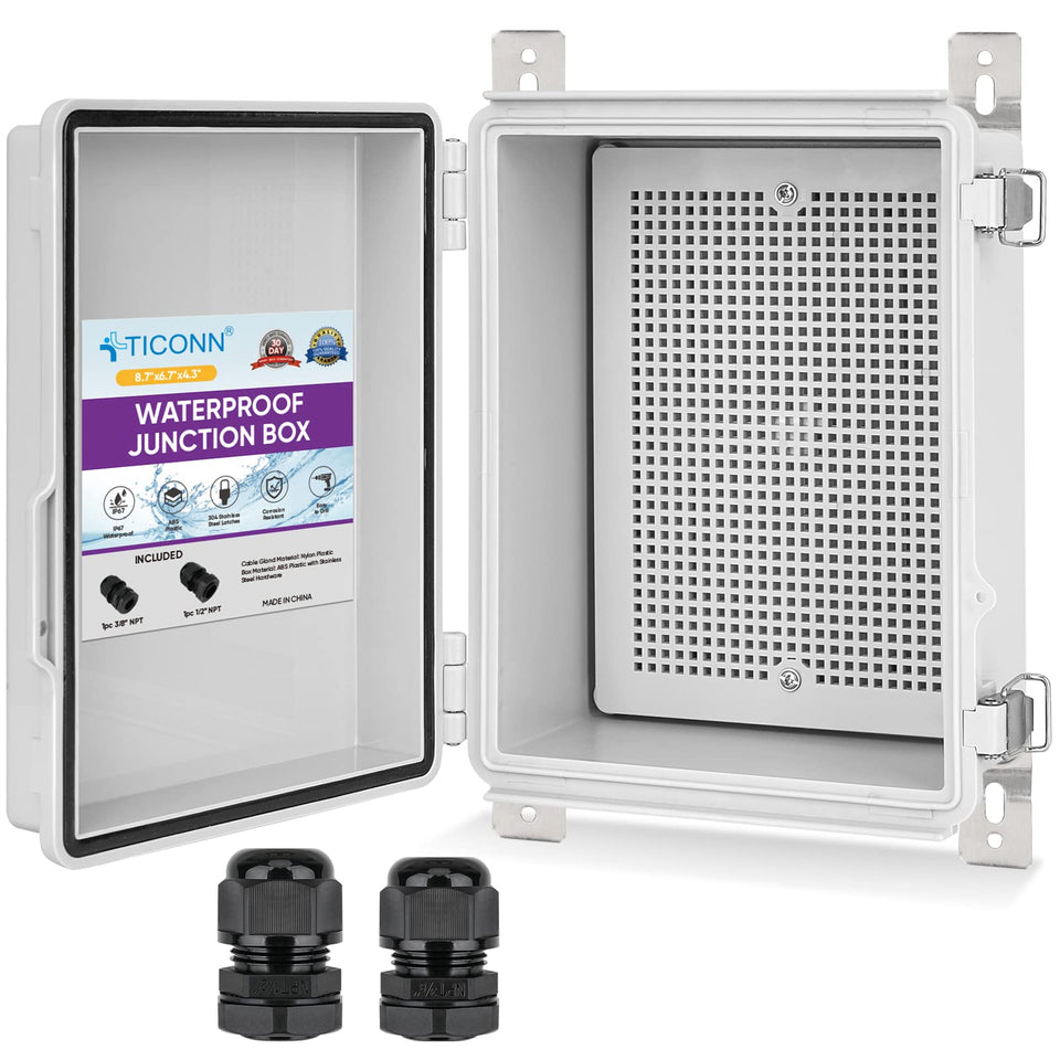 TICONN outdoor box with hinged cover protects electrical components from rain
