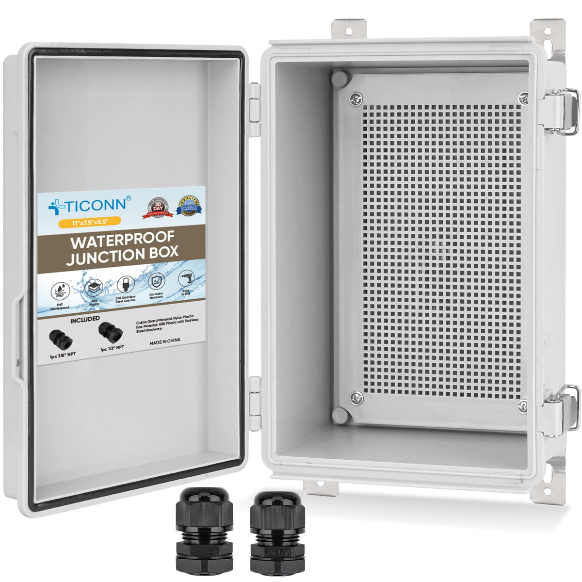 TICONN outdoor IP67 box with hinged cover protects outdoor electronics.