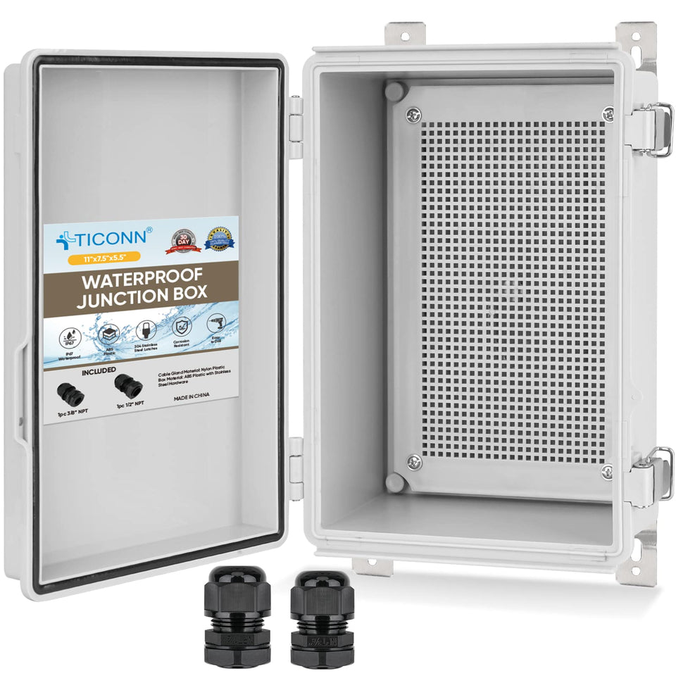 TICONN outdoor IP67 box with hinged cover protects outdoor electronics.
