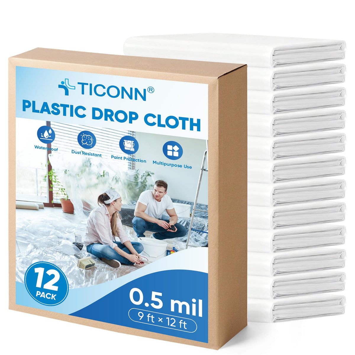TICONN plastic drop cloth 12x9 ft covers surfaces during painting.