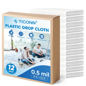 TICONN plastic drop cloth 12x9 ft covers surfaces during painting.