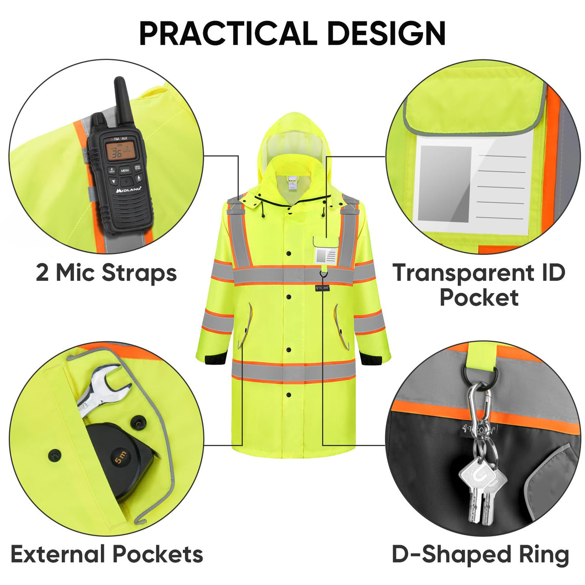 TICONN Reflective Rain Coat D-ring for hanging tools during shifts.
