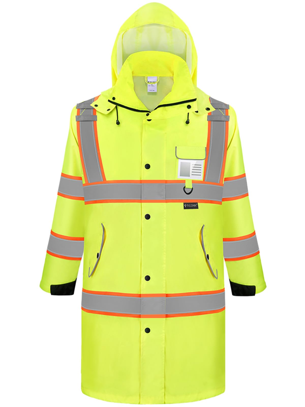 TICONN reflective rain coat front view with high-visibility safety for outdoor work.