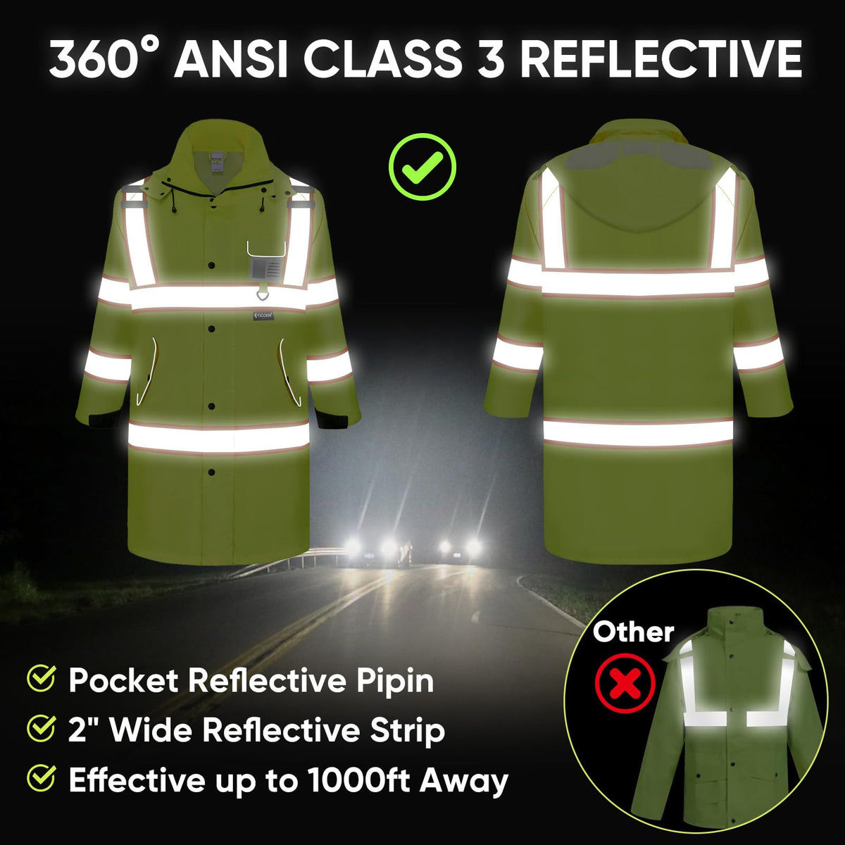 TICONN reflective rain coat pockets for secure on-site storage
