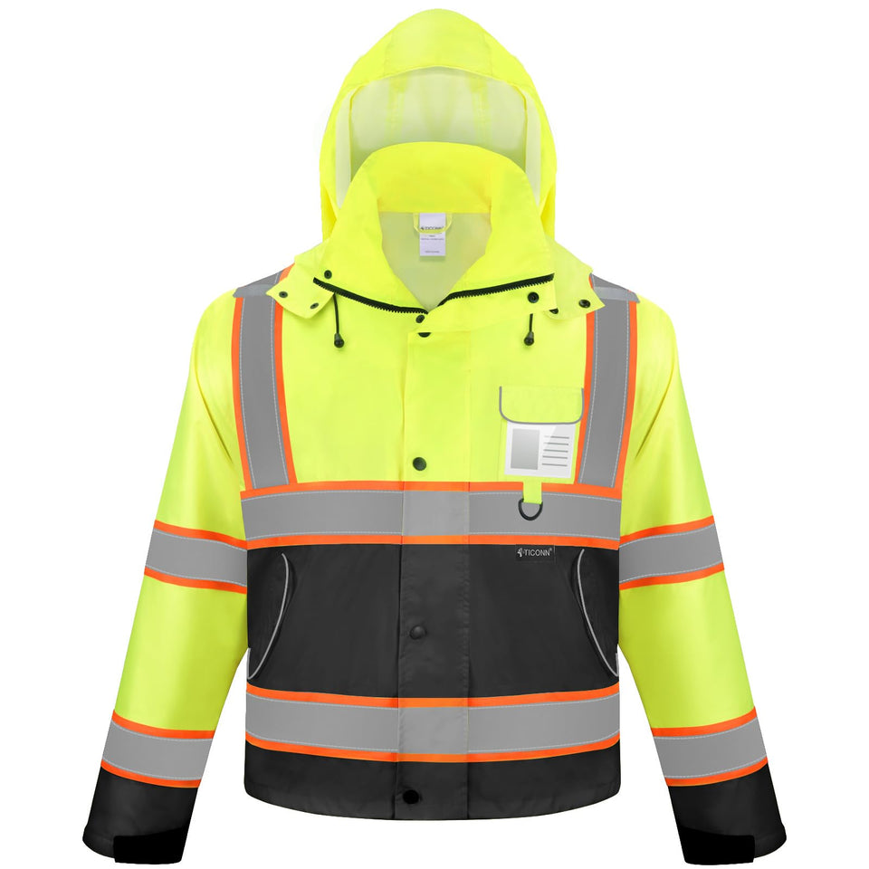 TICONN reflective rain jacket front view with 360-degree visibility tape.