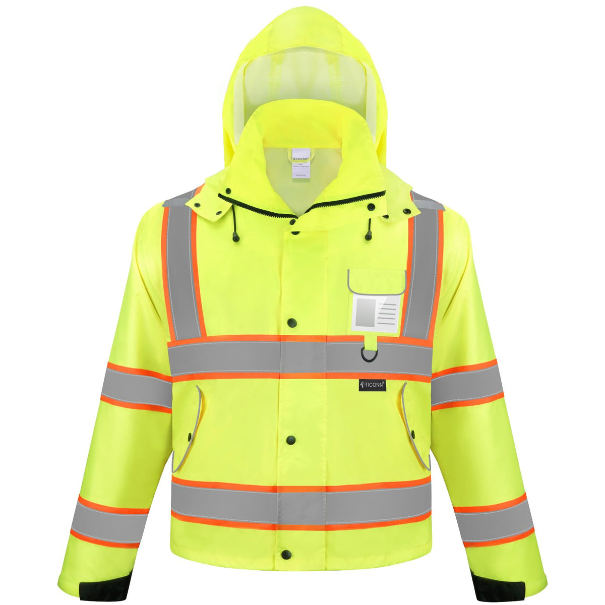 TICONN Reflective Rain Jacket front view with 360-degree tape for visibility