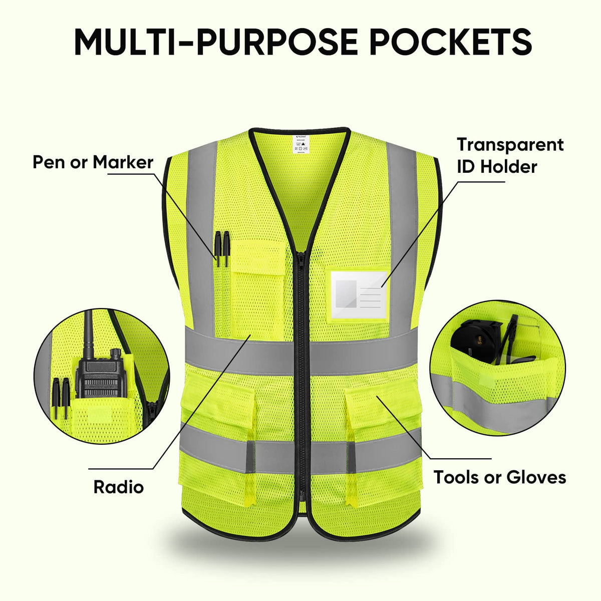 TICONN vest with 360-degree reflective strips wrap around for all-around visibility