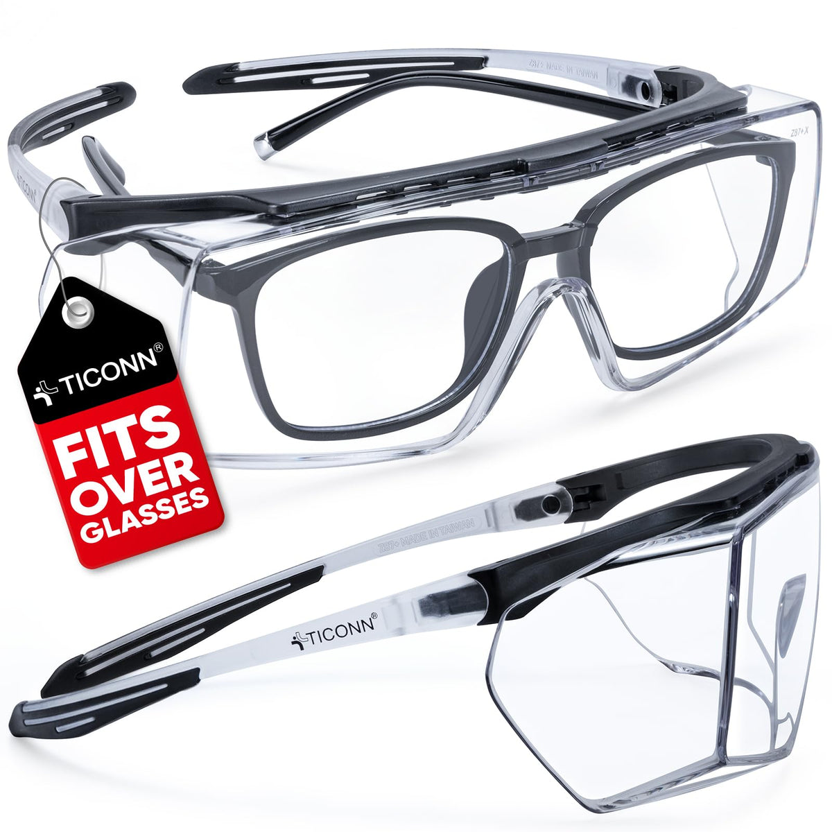 TICONN safety glasses worn over eyeglasses for full prescription-frame protection.