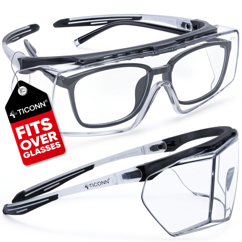 TICONN safety glasses worn over eyeglasses for full prescription-frame protection.