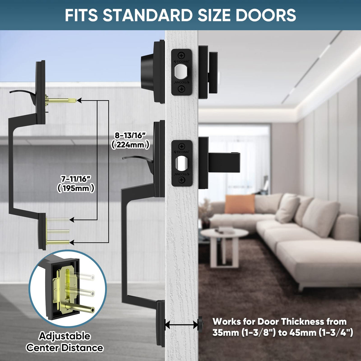TICONN single-cylinder deadbolt in matte black for durable exterior security.