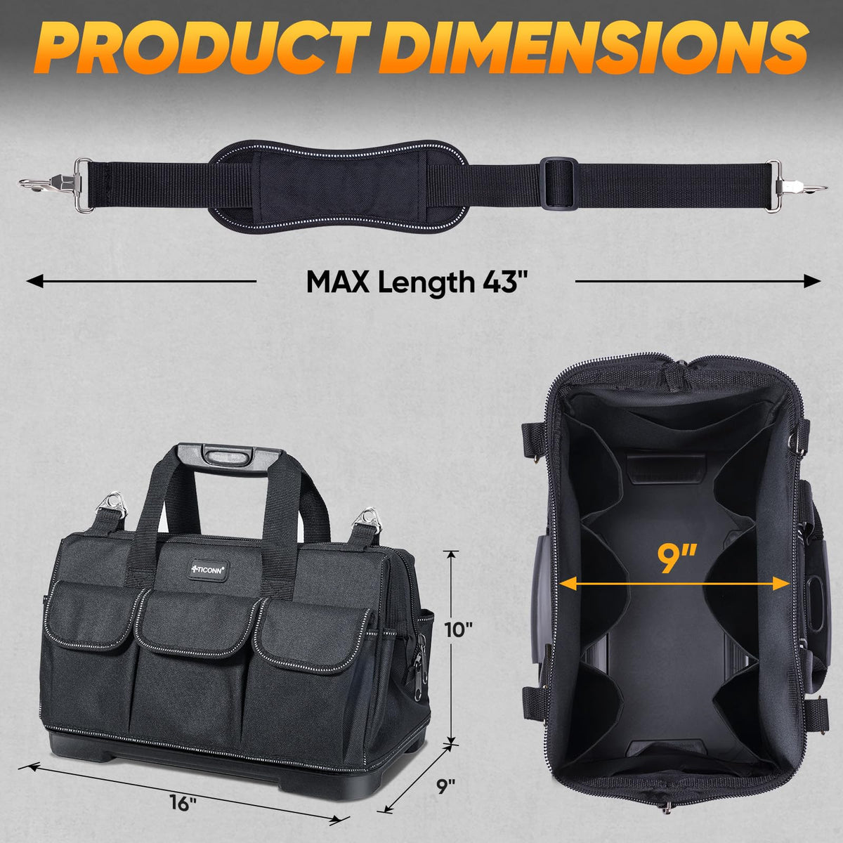 TICONN bag with eight outside pockets for quick tool access.
