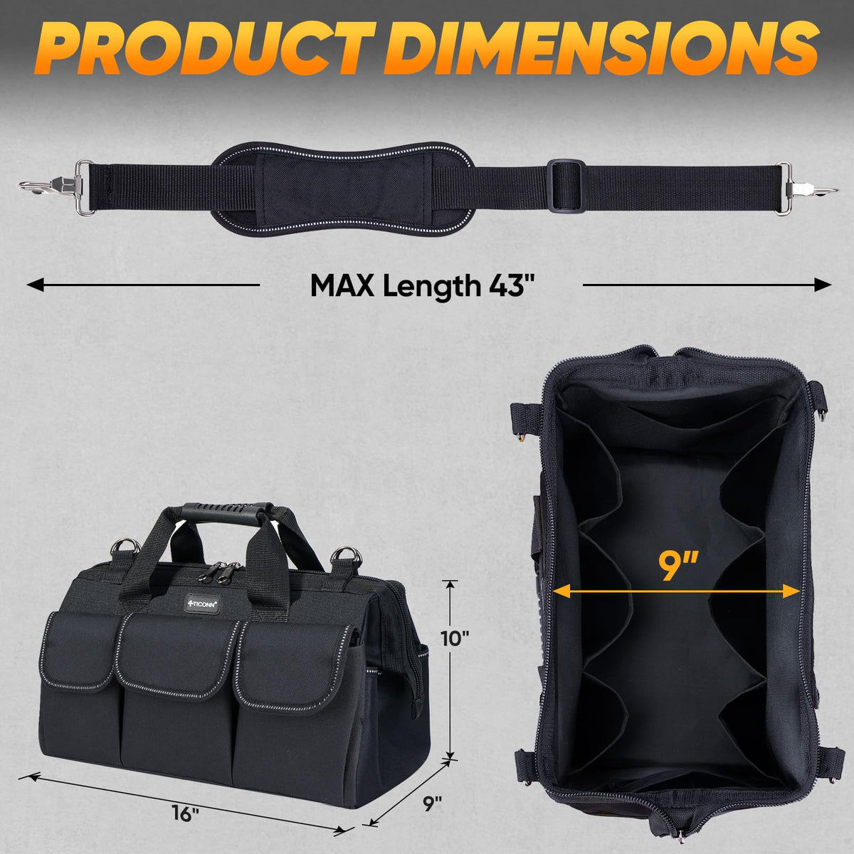TICONN tool bag ergonomic handle for comfortable lifting.