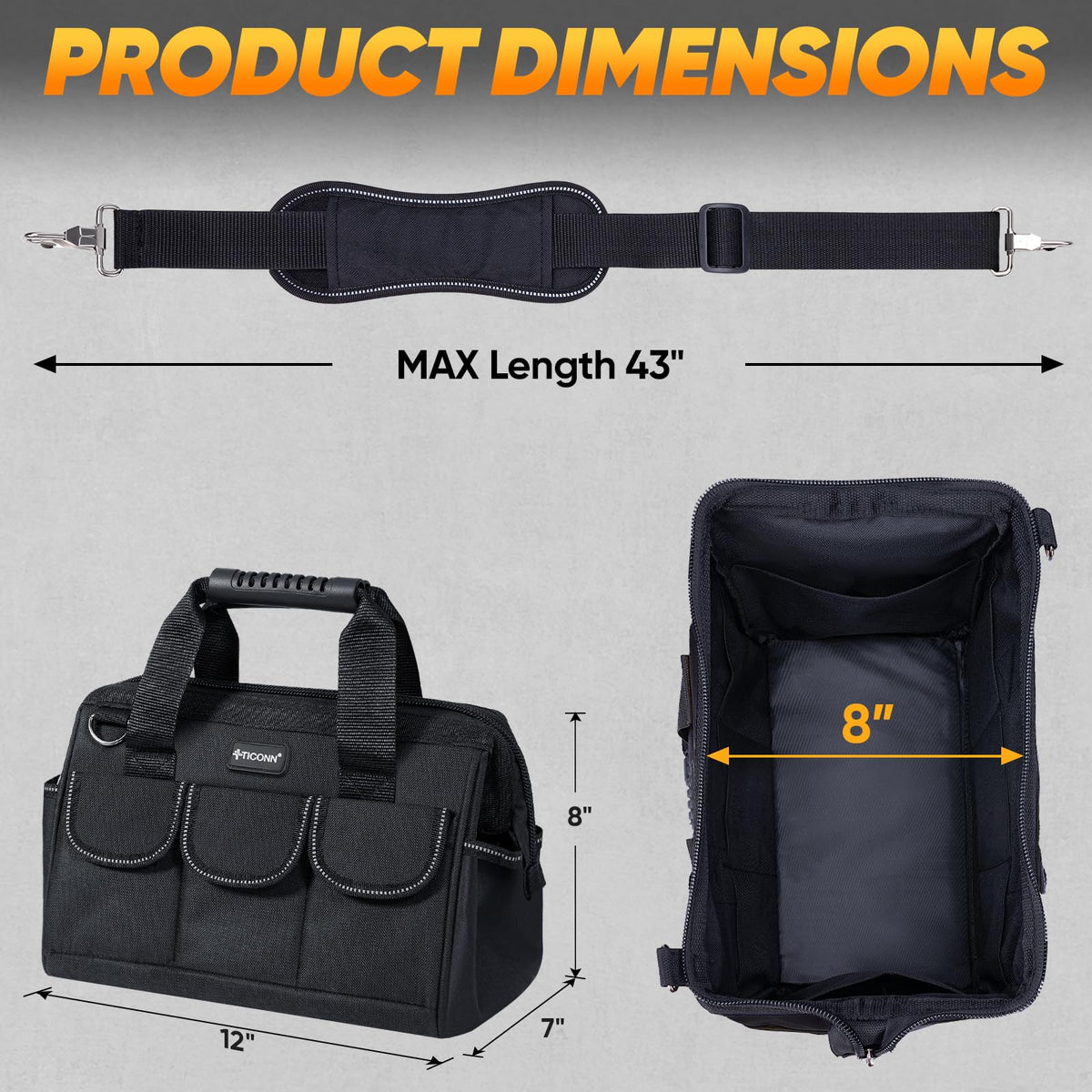 TICONN tool bag external side pockets for quick access to small hardware