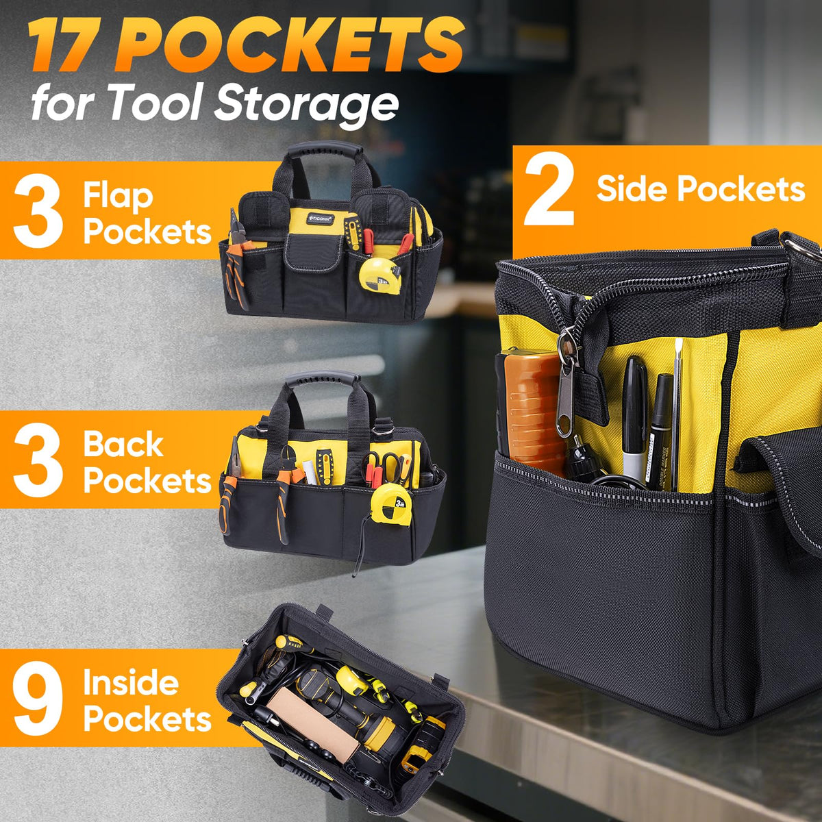 TICONN tool bag wide mouth opening for easy loading of larger tools.