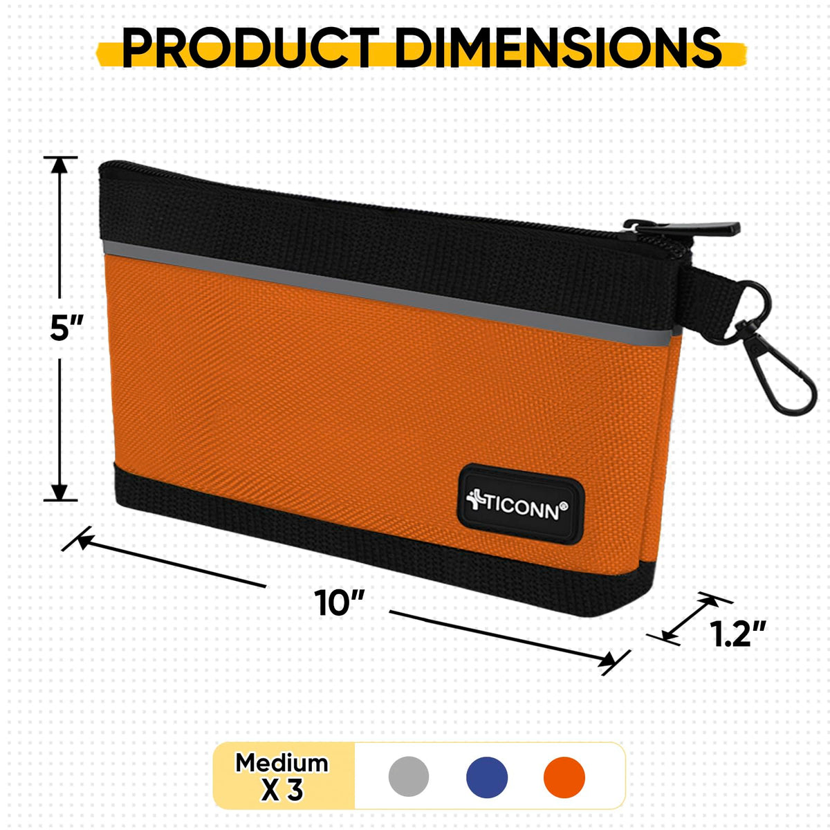 TICONN tool pouch with reflective strip and wide base aids visibility and stability.