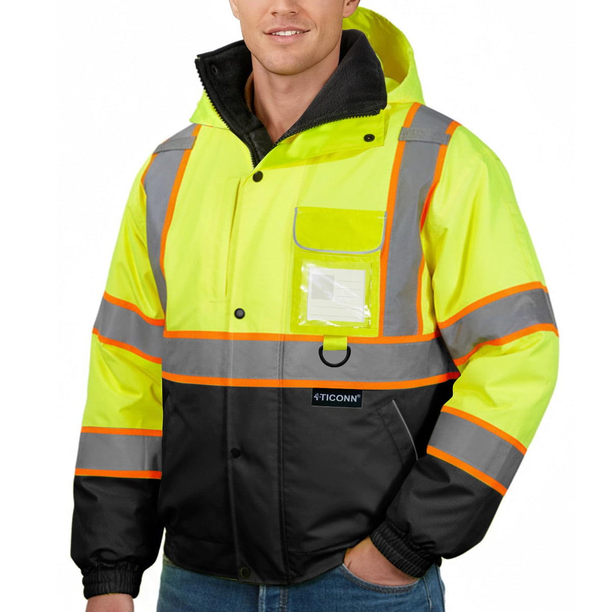 TICONN waterproof safety bomber jacket front view highlighting high visibility protection for outdoor work.