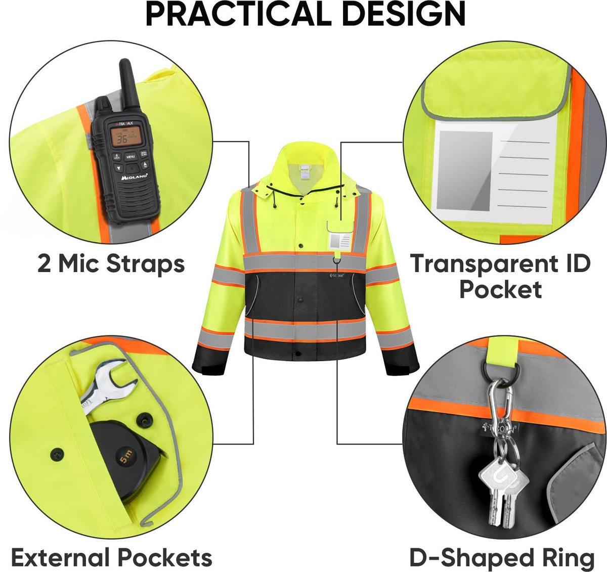 Waterproof zipper with rain flap on TICONN rain jacket protects against wind.