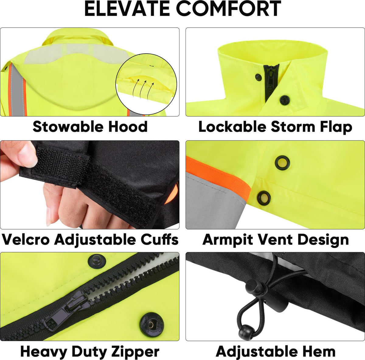 TICONN yellow and black rain coat showing side pocket for storage.