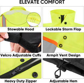 TICONN yellow and black rain coat showing side pocket for storage.