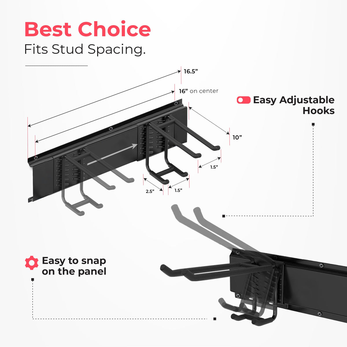 TIDYME 64-inch wall mount length accommodates long tools like shovels.