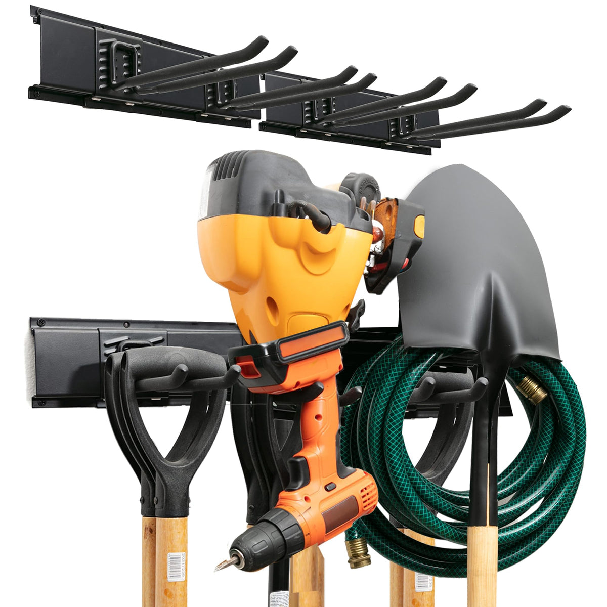 TIDYME garage tool organizer wall mount with 32-inch rails for easy access and clutter-free workspace.
