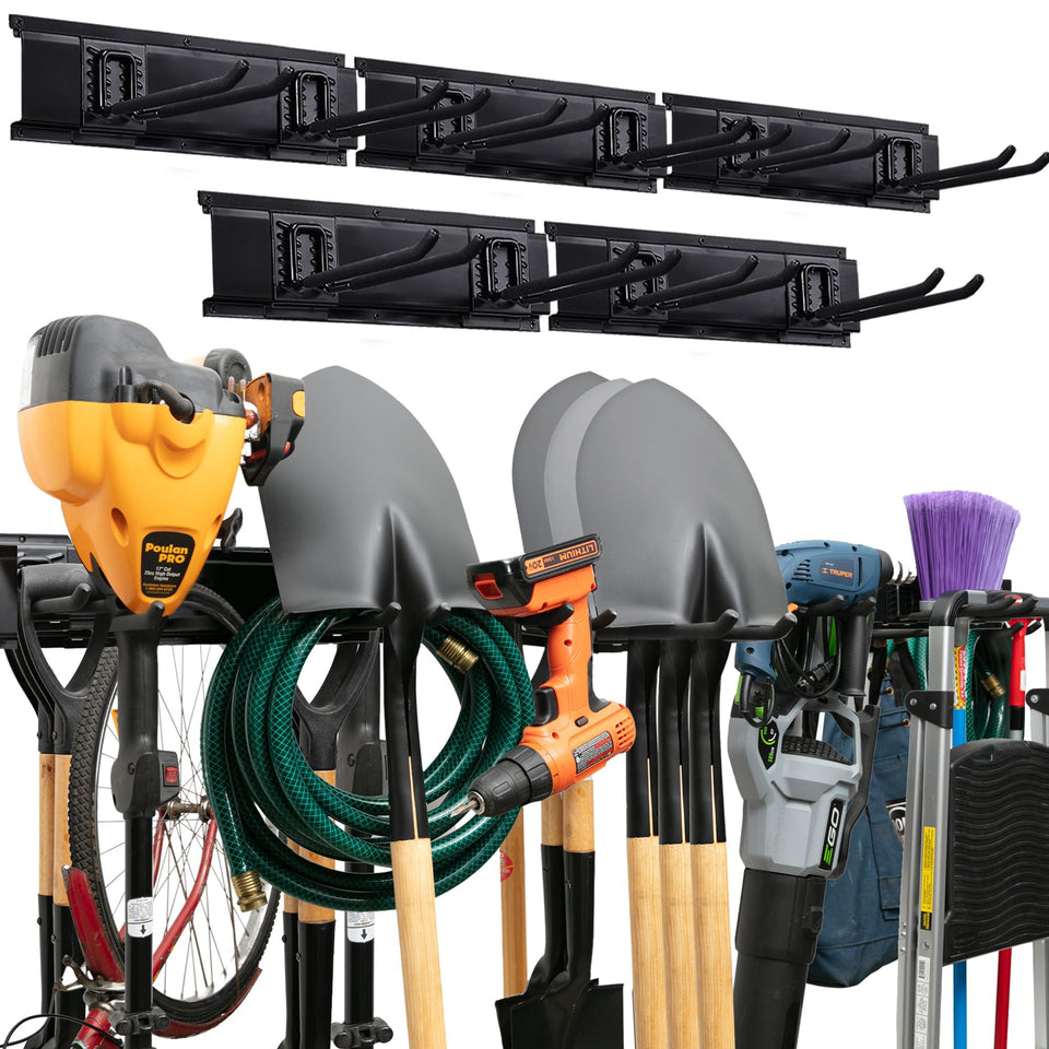 TIDYME wall-mounted garage tool organizer showing an 80-inch rack for easy storage.
