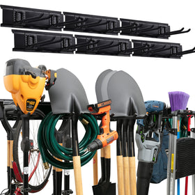 TIDYME garage tool organizer wall mount shows full 96-inch rack for organized walls