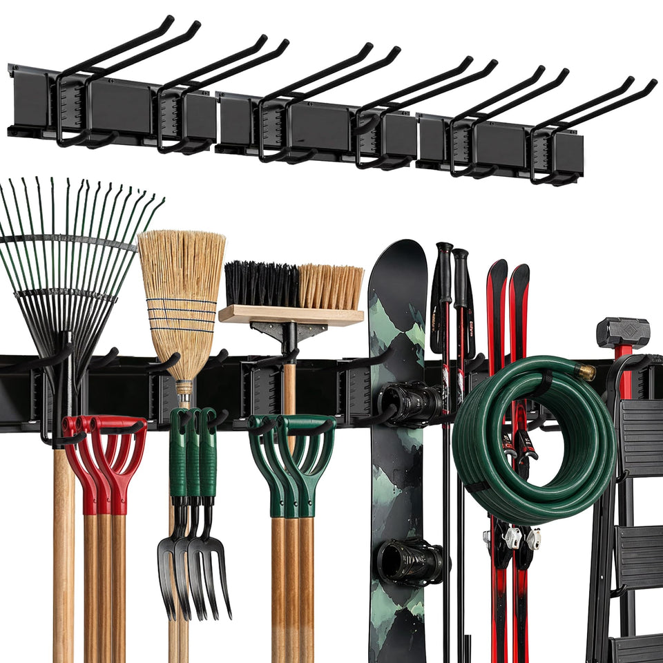 TIDYME garage wall organizer with double-layer hooks keeps long tools secure
