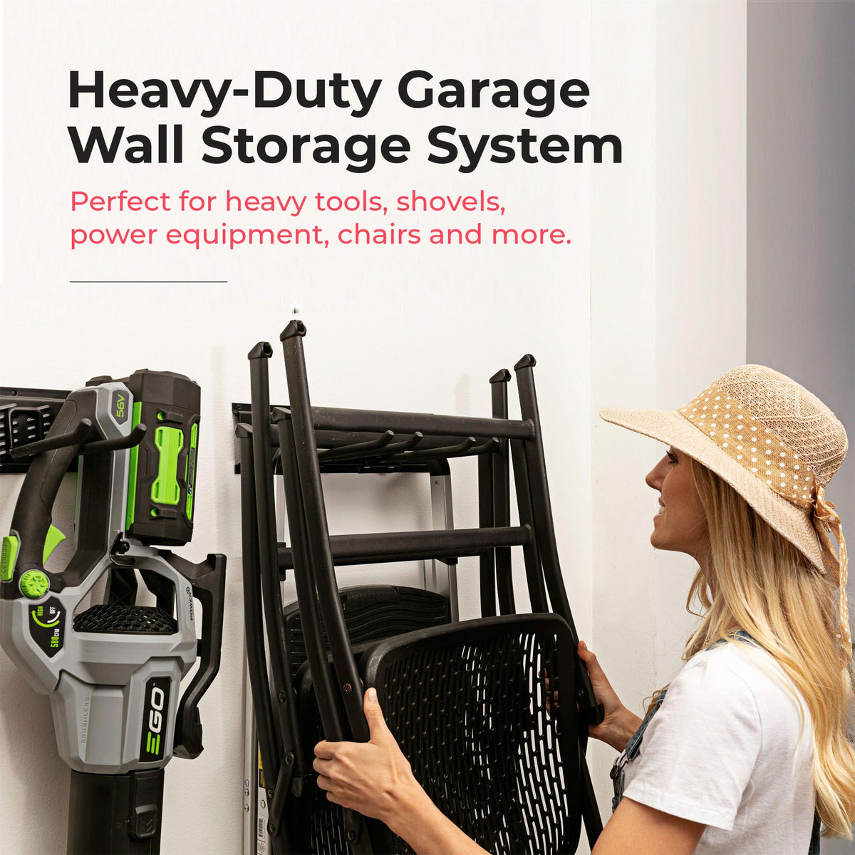TIDYME adjustable hooks demonstrate customizable storage for shovels and power tools.