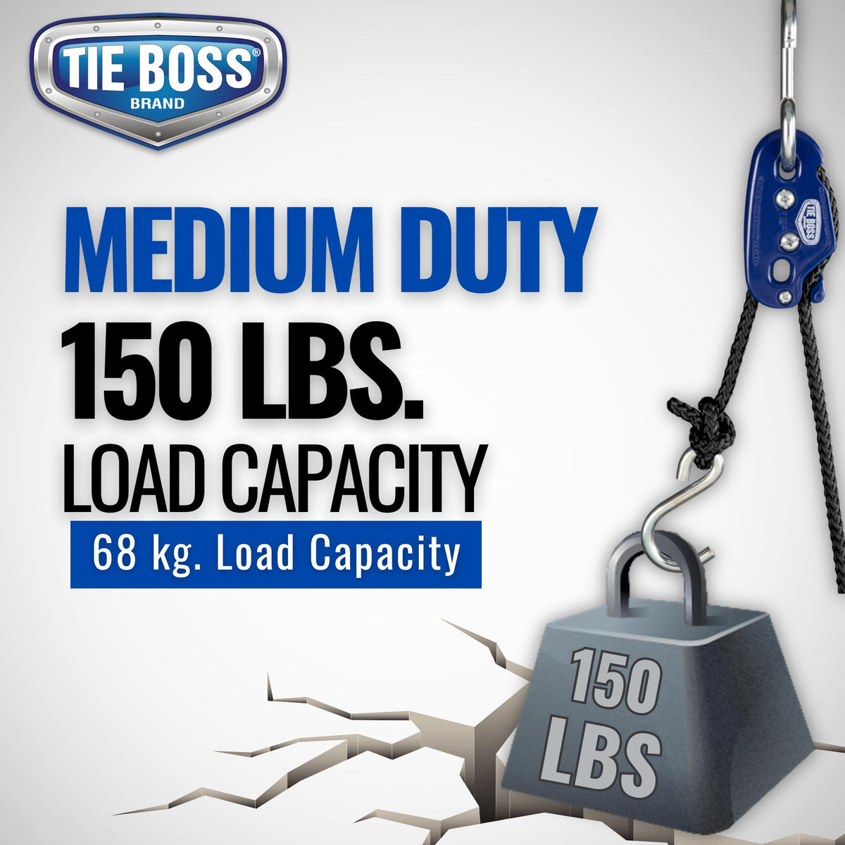 Tie Boss 15ft nylon rope image highlights durable, reliable hoisting capability.
