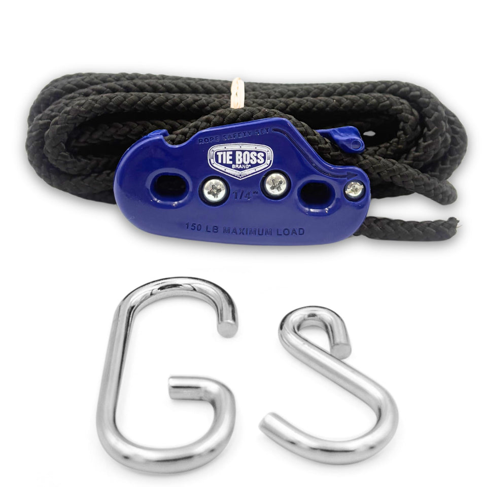 Tie Boss jam cleat closeup demonstrates secure tension for safe load control.