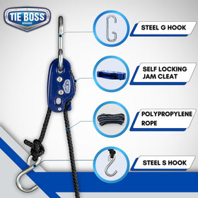 Tie Boss pull-to-lock action shows quick securing of cargo.