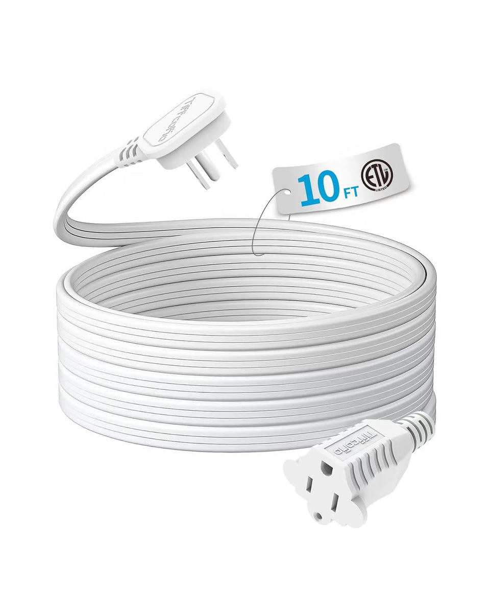 TiFFCOFiO flat plug 10ft extension cord flush against wall for space-saving setup.