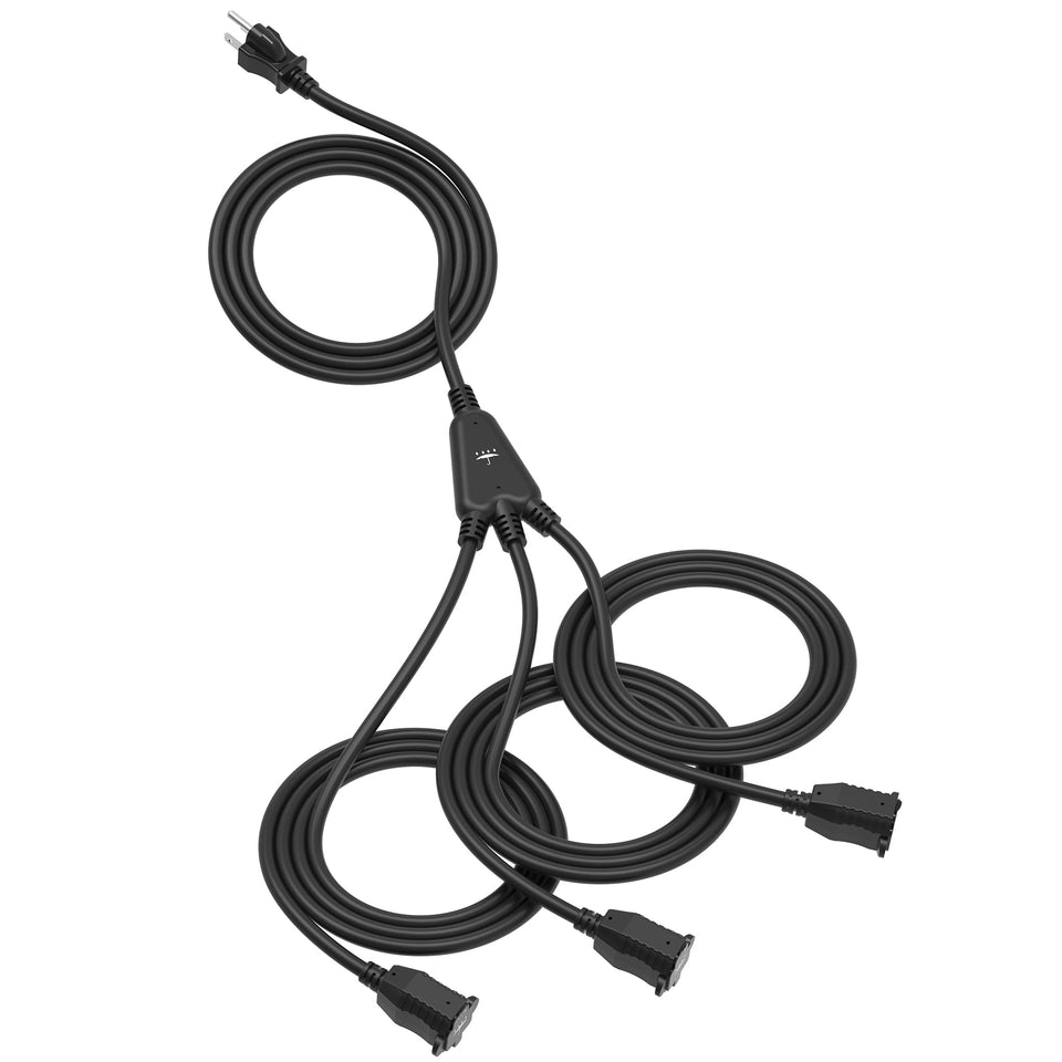 TiFFCOFiO outdoor extension cord with 3-outlet splitter powers exterior lights safely.