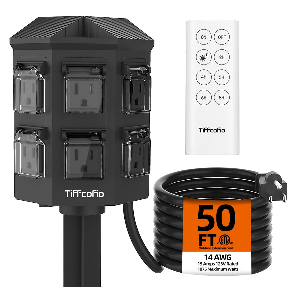 TIFFCOFIO outdoor power strip with 50ft cord powering multiple devices outdoors