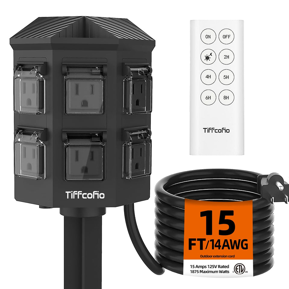 Tiffcofio outdoor power strip with six outlets for convenient yard power access.
