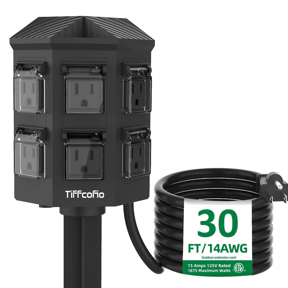 TiFFCOFiO outdoor power strip with stake elevates outlets for outdoor setups.