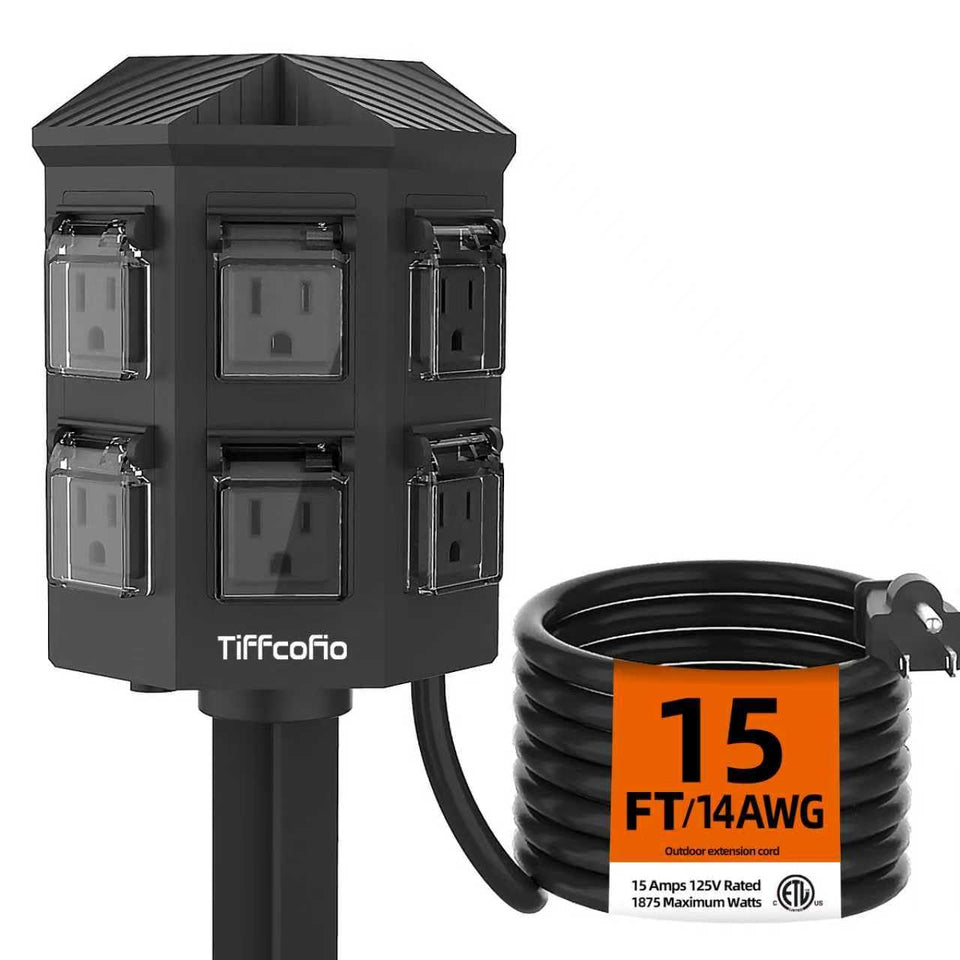 Tiffcofio outdoor power strip with stake setup for elevated, safe yard lighting.