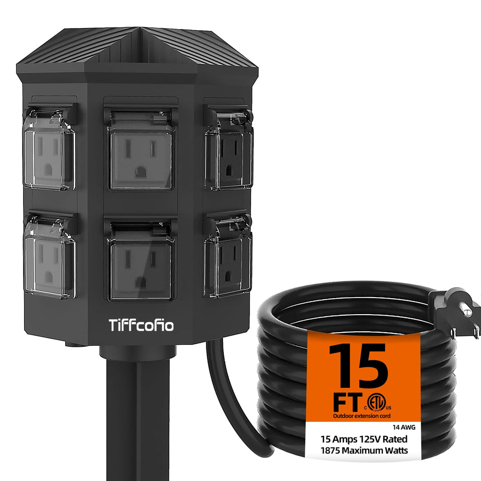 TiFFCOFiO outdoor power strip with stake for above-ground outlets and weather resistance.