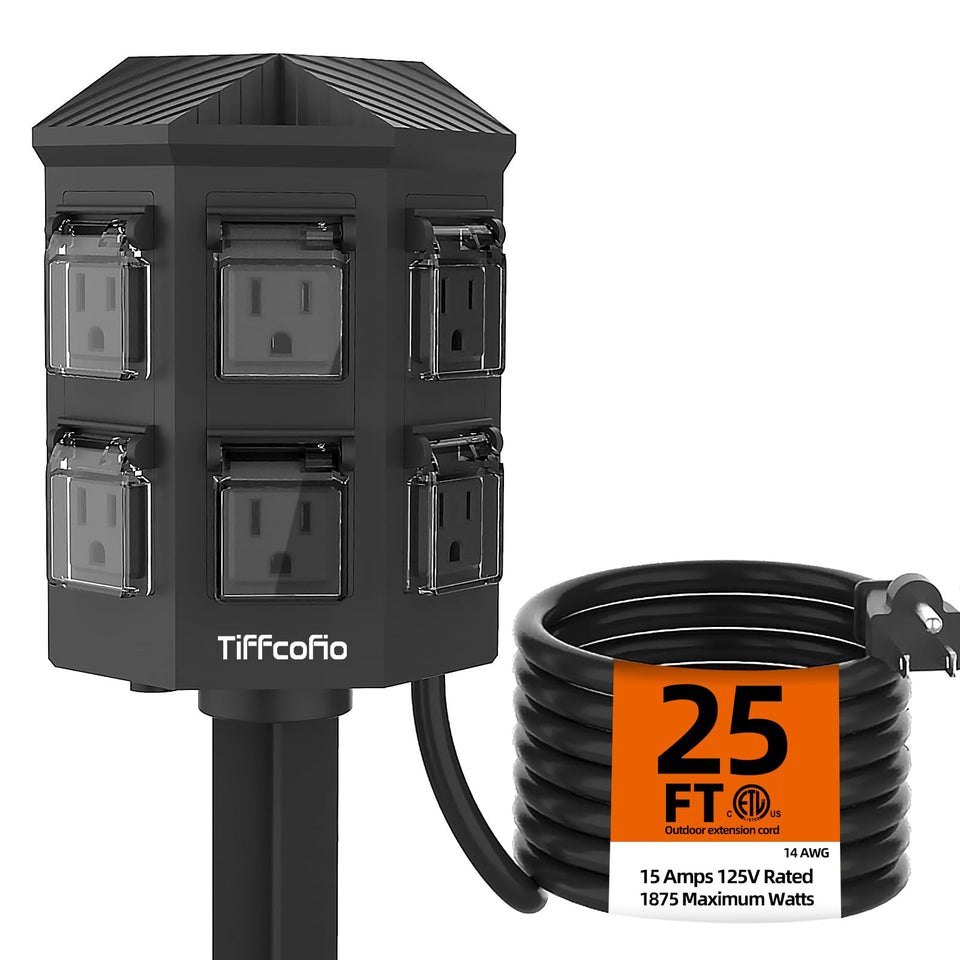 Tiffcofio outdoor power strip shown in yard setup for reliable lighting.
