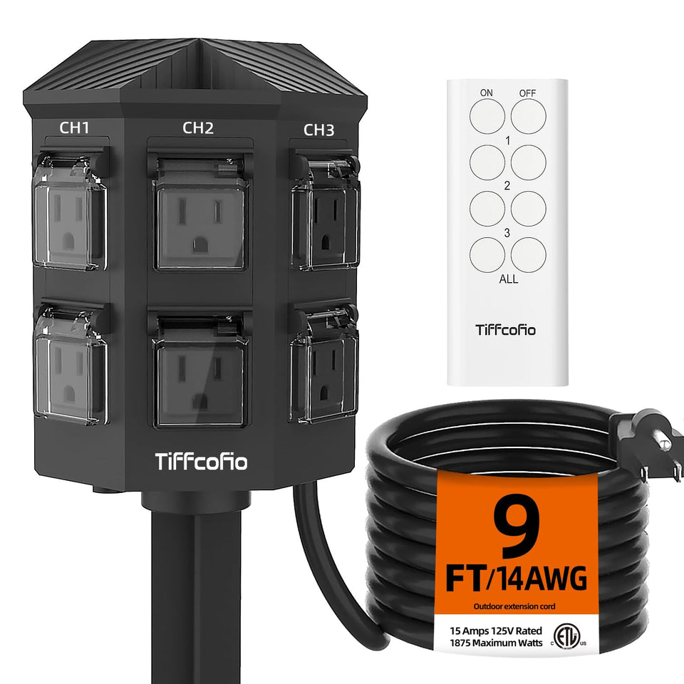 Tiffcofio outdoor power strip with 6 independent outlets for flexible outdoor use.